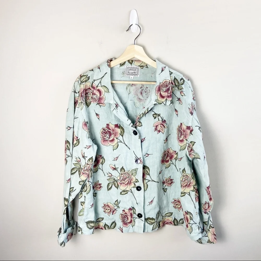 Vintage 90's Garron Resort Mint Floral Linen Button Down Blouse - Picture 1 of 5